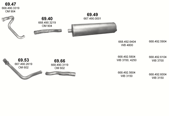 Auspuffanlage für MERCEDES VARIO 612 D/614 D/812 D/814 D (WB 3150, 3700, 4250, 4800 - OM 602 DE LA / OM 904 LA)