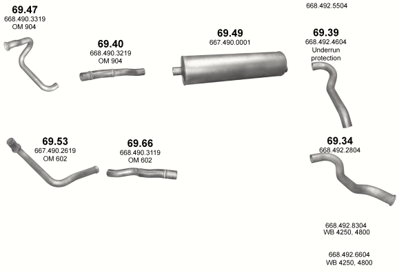 Auspuffanlage für MERCEDES VARIO 612 D/614 D/812 D/814 D (WB 3150, 3700, 4250, 4800 - OM 602 DE LA / OM 904 LA)