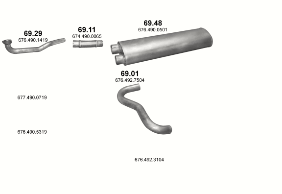 Auspuffanlage für MERCEDES 10-16 T 1120/1120 S/1317/1320/1320 S/1520/1720 (1120 - WB 3700, 4250, 4900, 5550  ;  1317 - WB 4190  ;  1320/1520 - WB 3640, 4190, 4840, 5490  ;  1720 - WB 3640  ;  1120 S - WB)