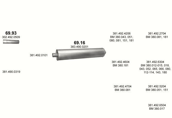 Auspuffanlage für MERCEDES 10-16 T 1017/1017 A/1017 KO/1017 AS/1017 S/1017 AK/1017 K/1017 AF/10 (1017 - WB 3200, 3600, 3900, 4200, 4800, 5200 / 1017 A&1017 KO&1017 S&1017 AF&1017 F- WB 3200, 3600 / 1017 AS&1017 AK&1017 L WB 3)