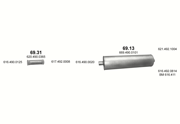 Auspuffanlage für MERCEDES 19-33 T 2219 C/2220/2220 L/2219 CL (2219 C/2220 - WB 3450, 3600, 3850, 4200, 5200 ; 2220 L - WB 3600 ; 2219 CL/2220 L - WB 4200, 5200)