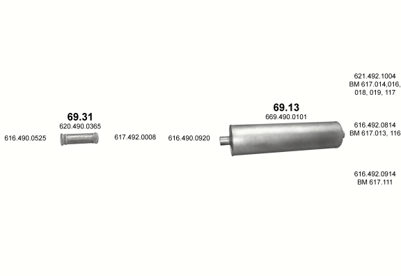 Auspuffanlage für MERCEDES 10-16 T 1617C/1617 CS/1617 CK/1620 K/1820 K (1617 C - WB 3900, 4200, 4500, 5200, 5900  ;  1617 CS - WB 3200  ;  1617 CK - WB 3600, 3900  ;  1620 K/1820 K - WB 3600)