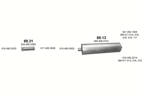 Auspuffanlage für MERCEDES 10-16 T 1617 C/1617 CS/1617 CK/1620 K (1617 C - WB 3900, 4200, 4500, 5200, 5900  ;  1617 CS - WB 3200  ;  1617 CK - WB 3600, 3900  ;  1620 K - WB 3600)