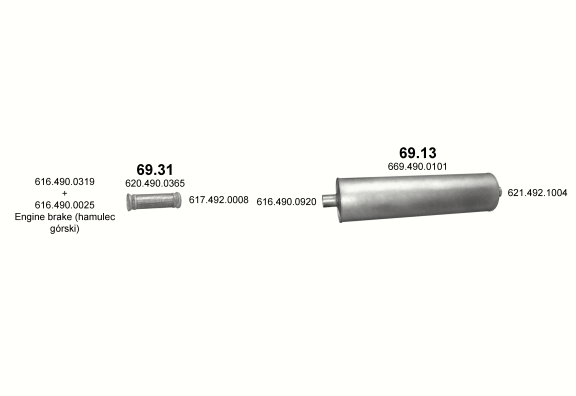 Auspuffanlage für MERCEDES 10-16 T 1614/1614 L (1614 - WB 4500, 5200  ;  1614/1614 L - WB 5900)