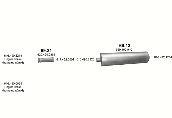 Auspuffanlage für MERCEDES 10-16 T 1614/1414 K/1614 K (1614 - WB 3900  ;  1414 K - WB 3200  ;  1614 K - WB 3600, 3900)