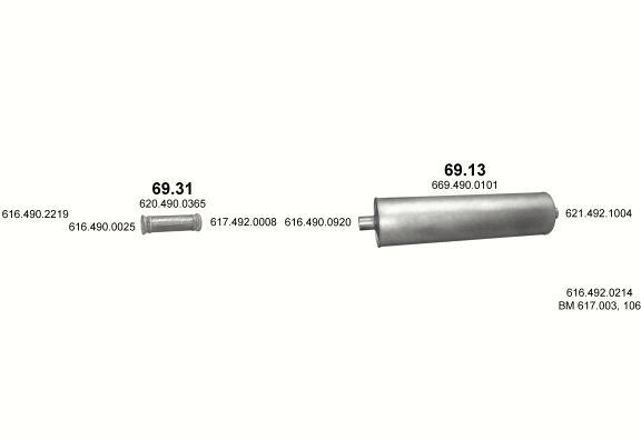 Auspuffanlage für MERCEDES 10-16 T 1614/1614 L/1614 K (1614 - WB 3900, 4500, 5200, 5900  ;  1614 L - WB 5900  ;  1614 K - WB 3600, 3900)
