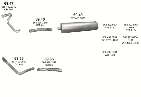 Auspuffanlage für MERCEDES VARIO 515 D/ 612 D/ 614 D/ 810 DT/ 812 D/ 812 DA/ 814 D/ 815 D/ 81 (OM 602.984/ OM 602.985/ OM 904.904/ OM 904.908/ OM 904.923)