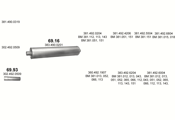 Auspuffanlage für MERCEDES 10-16 T 1217/1217 A-S-AS-AS-K-KO (1217 - WB 3600, 4200, 4800, 5200  ;  1217 A - WB 3200, 3600, 3900  ;  1217 AS/AK/K - WB 3200  ;  1217 S/KO - WB 3200, 3600)